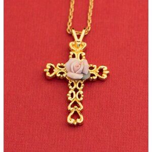 Vintage Cross Gold Tone with Delicate Rose 18 Inch By Avon - F6